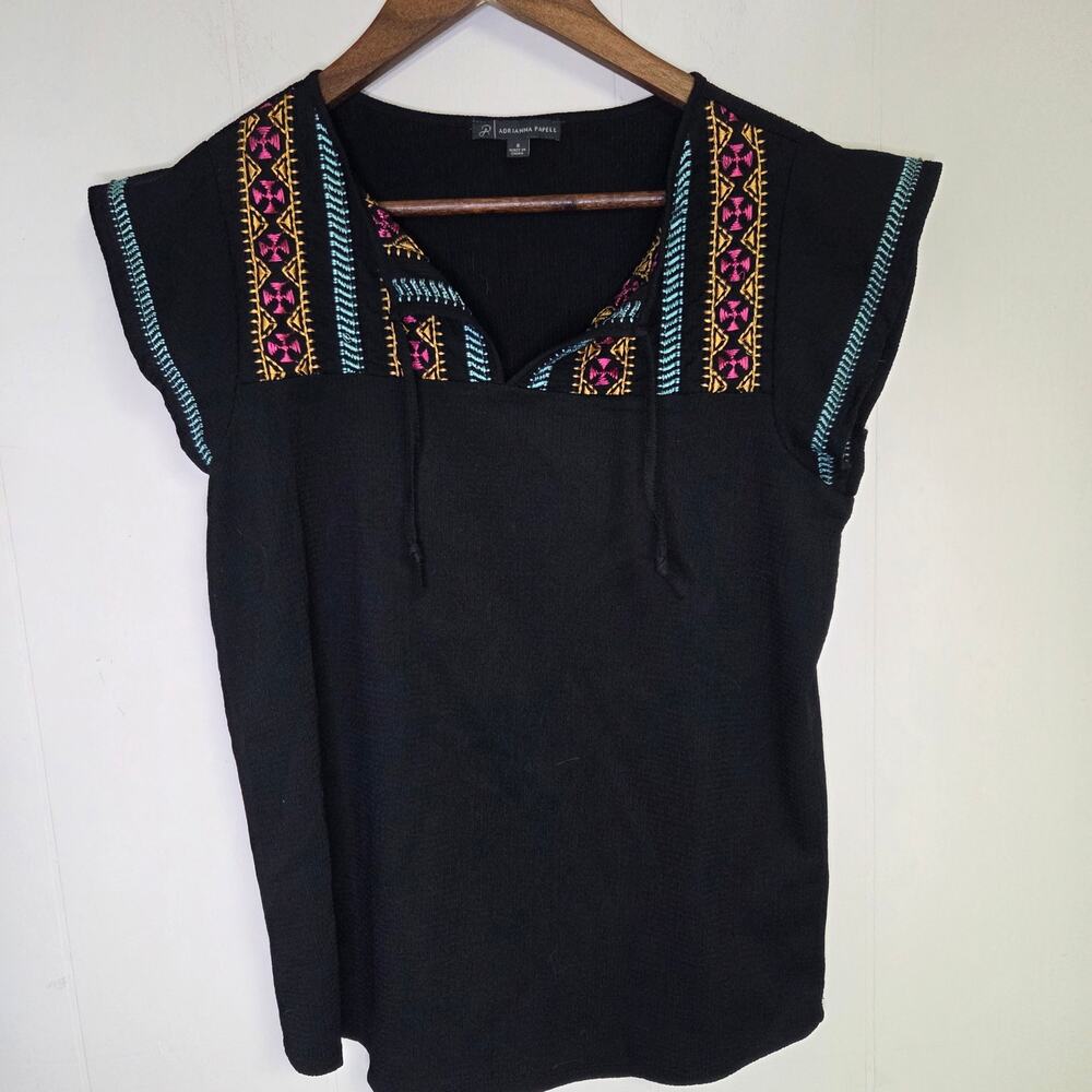 Adrianna Papell Embroidered Ruffle Sleeve V Neck Blouse Black Size Small